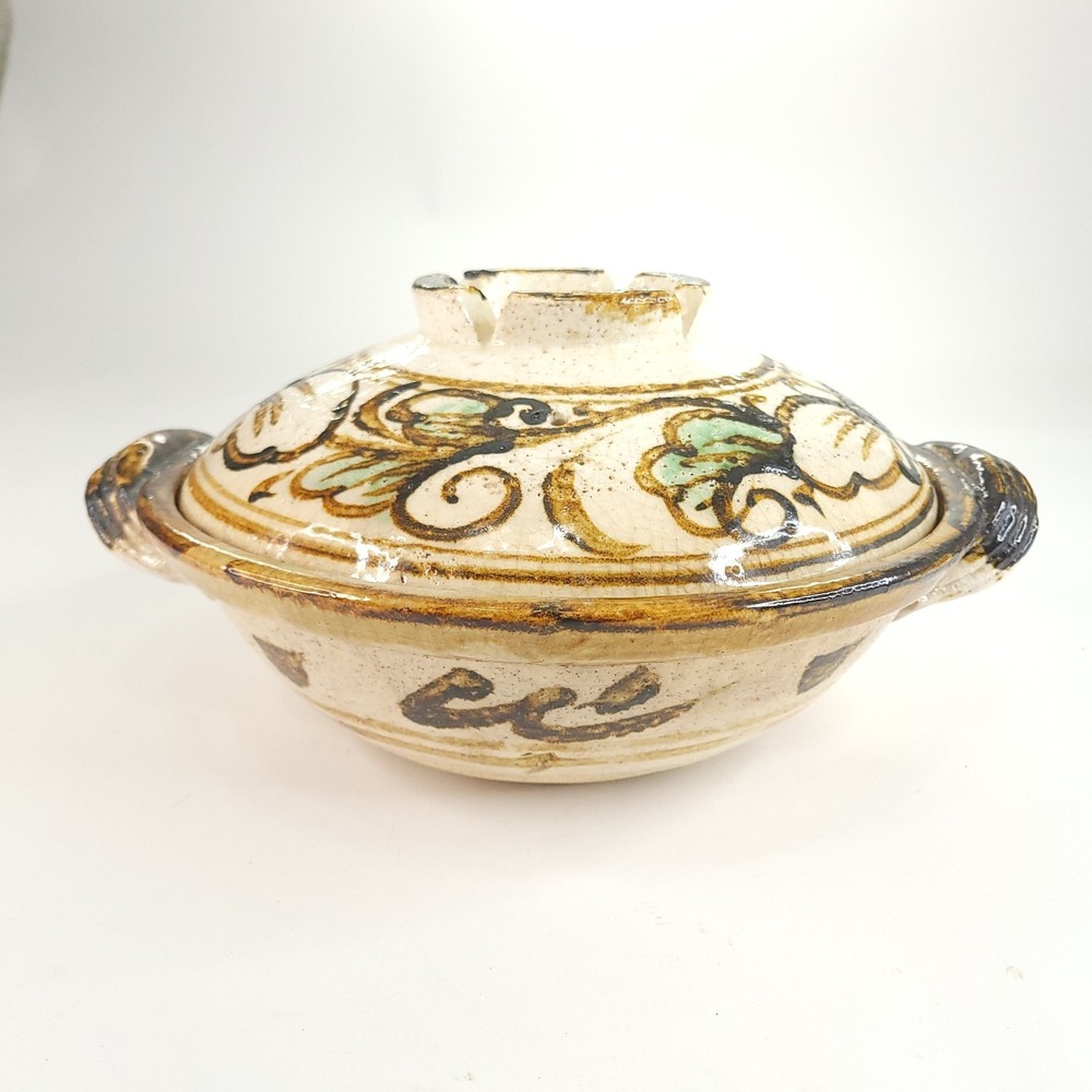 Signed Vintage Ceramic Clay Steam Pot Japanese Donabe Handcrafted Base & Lid -